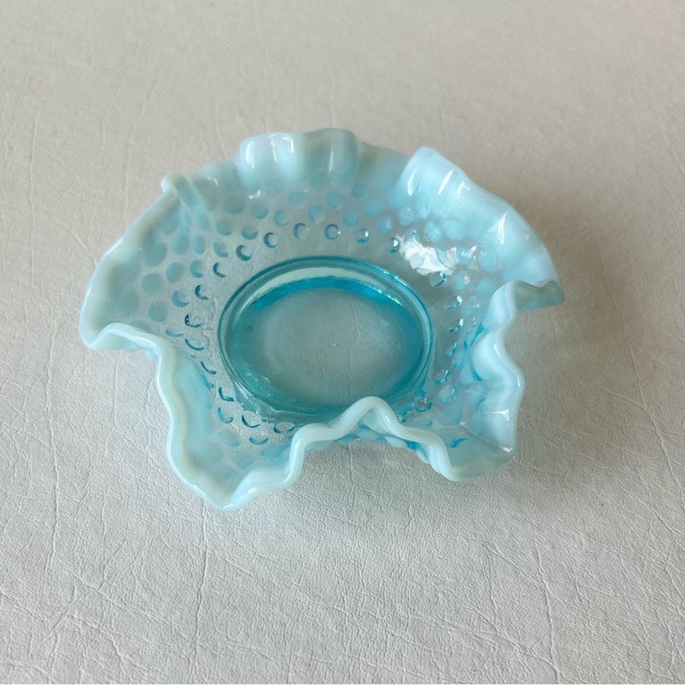 Fenton Ruffled Hobnail Glass Bowl in Aqua Blue